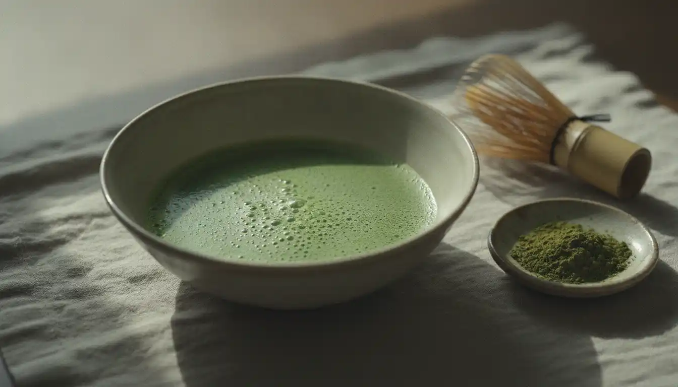 Vid keramikkbolle med vispet matcha, bambusvisp og grønt pulver på linduk