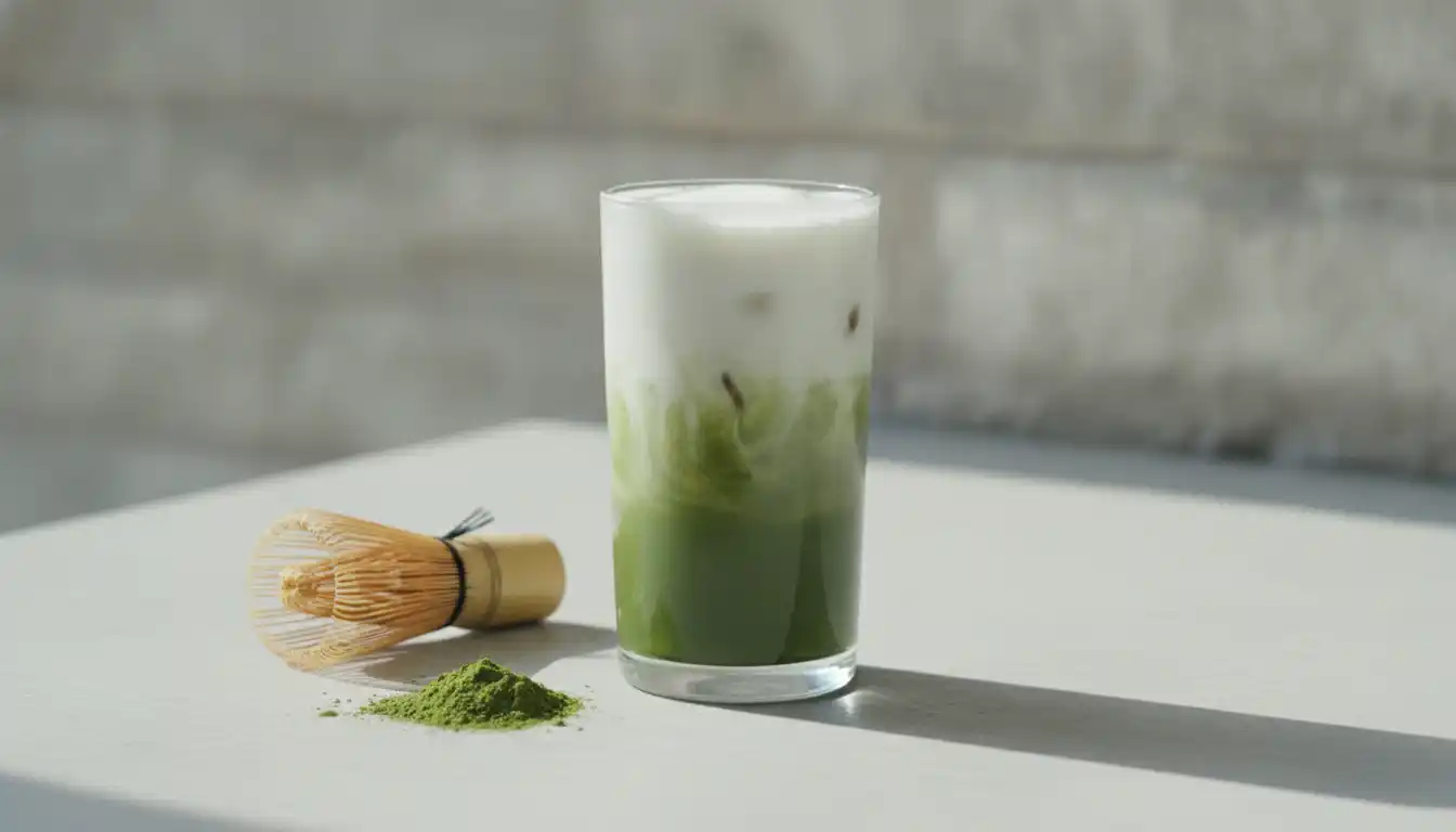 Høyt glass med matcha latte i grønn og hvit gradient på lys stein