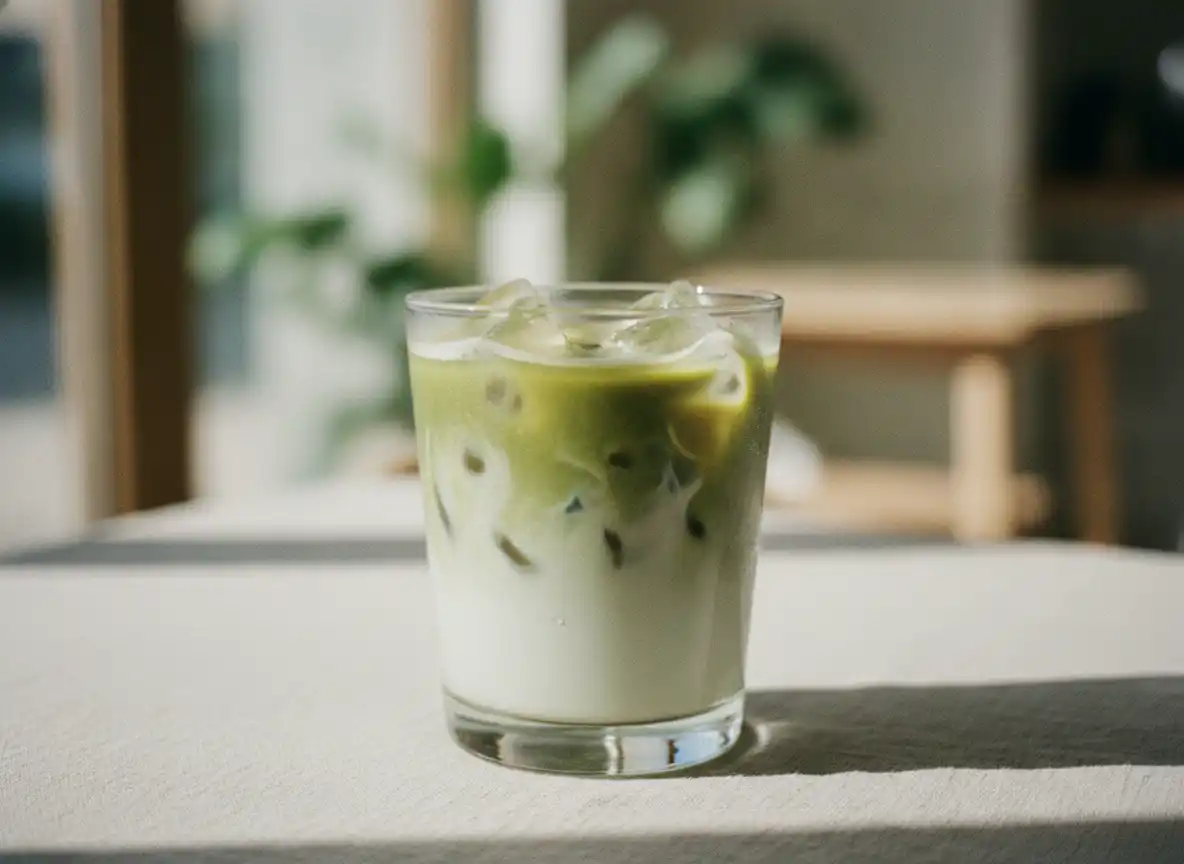 Iskald matcha latte i glass med isbiter og melk som virvler i grønn te