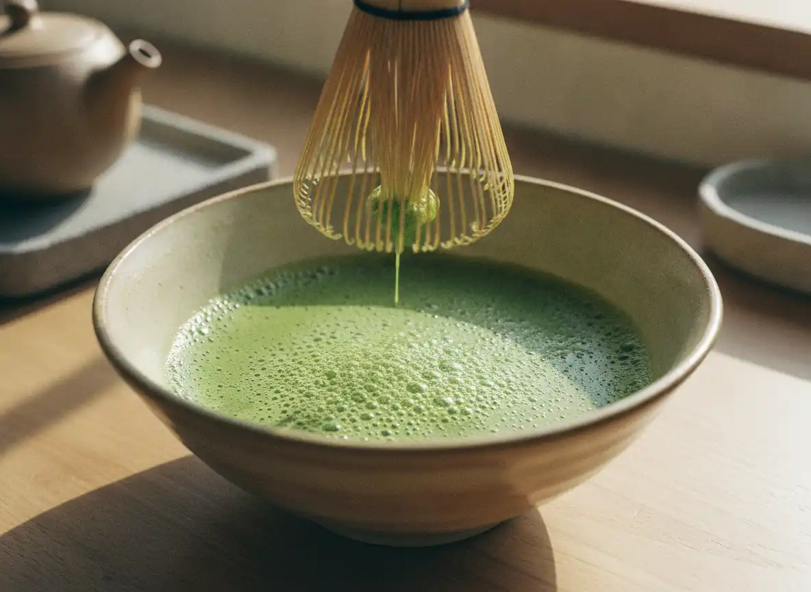 Nærbilde av matcha som vispes til fint skum med bambusvisp