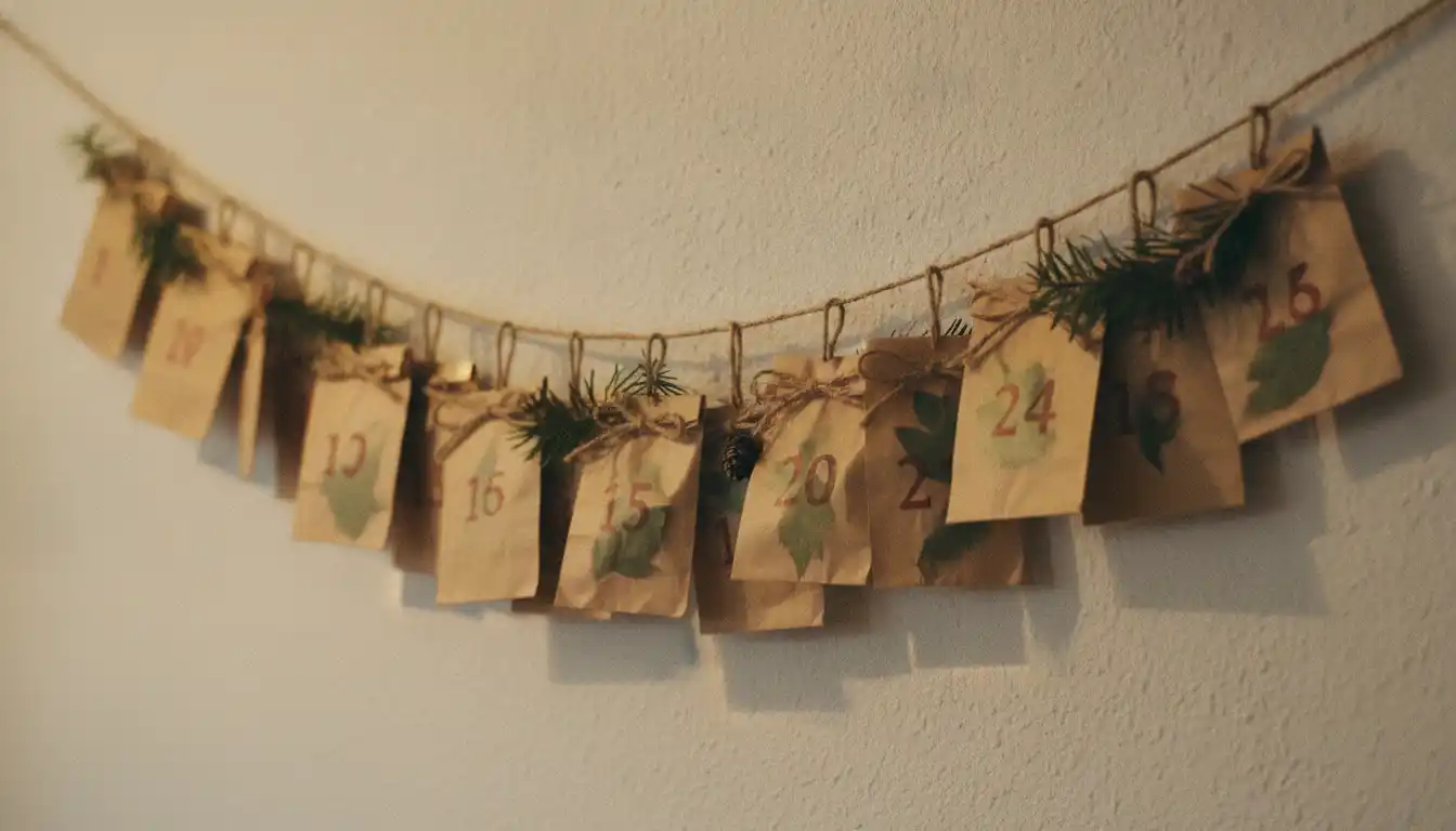 Hjemmelaget te-julekalender med nummererte poser hengt på en snor