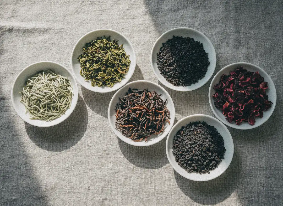 Fem skåler sett ovenfra med hvit, grønn, oolong, svart te og hibiskus