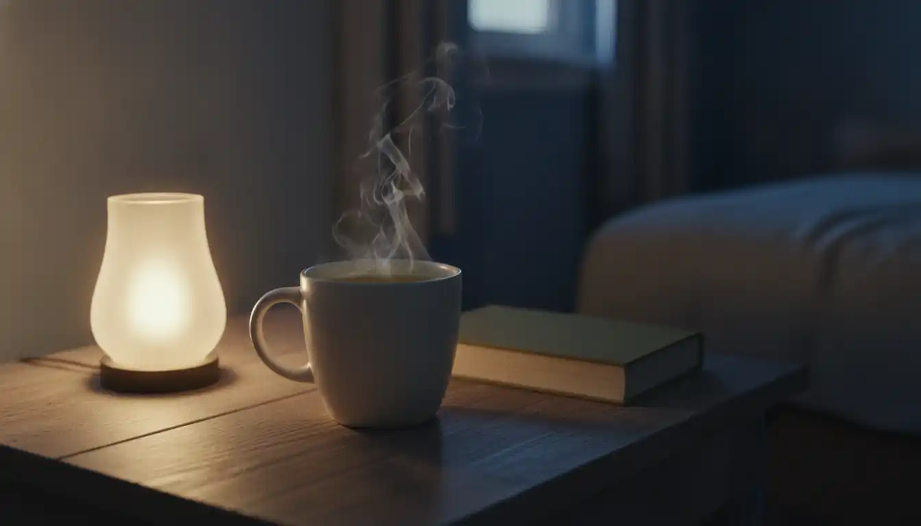 Varm kopp urtete på nattbordet ved en liten lampe og en lukket bok