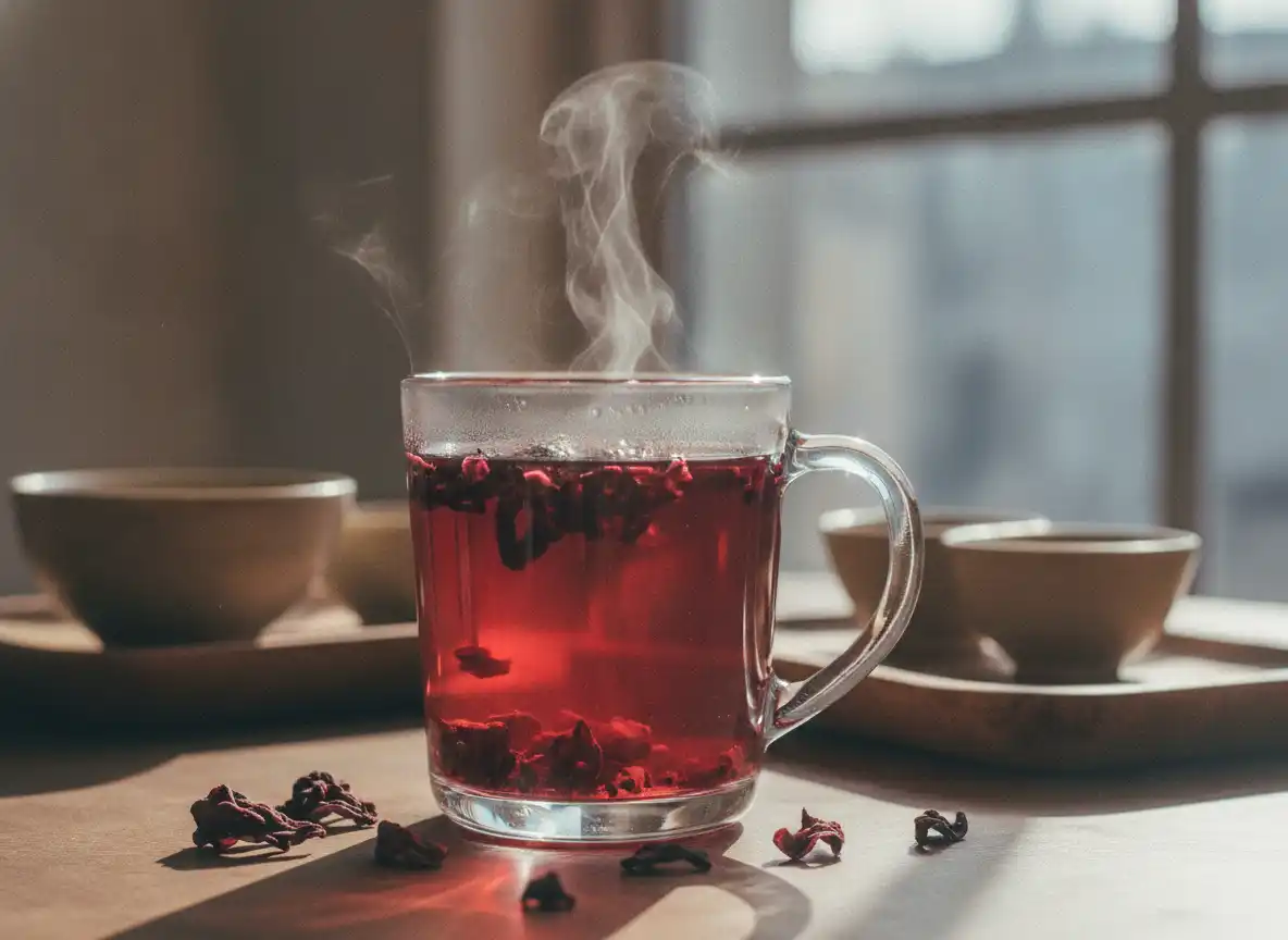 Glasskopp med dyprød hibiskus-infusjon og kronblader som flyter